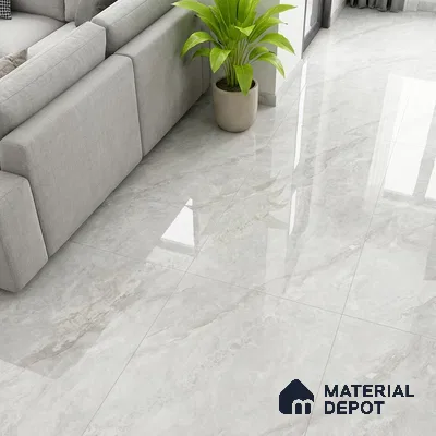 Modern living room with grey marble-look glossy floor tiles and light grey fabric sofa