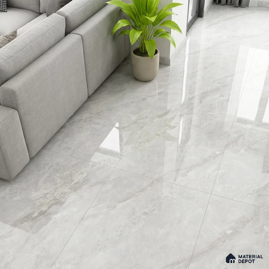 Modern living room with grey marble-look glossy floor tiles and light grey fabric sofa