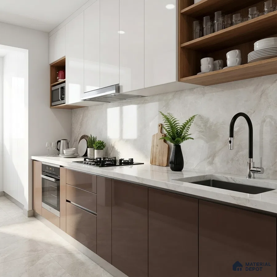 Modern kitchen with glossy brown and white laminate, marble-look backsplash, and white quartz countertop