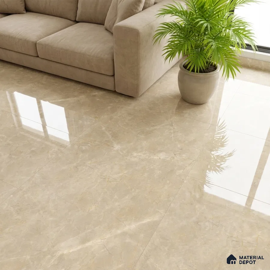 Modern living room with beige marble-look glossy floor tiles and neutral fabric sofa