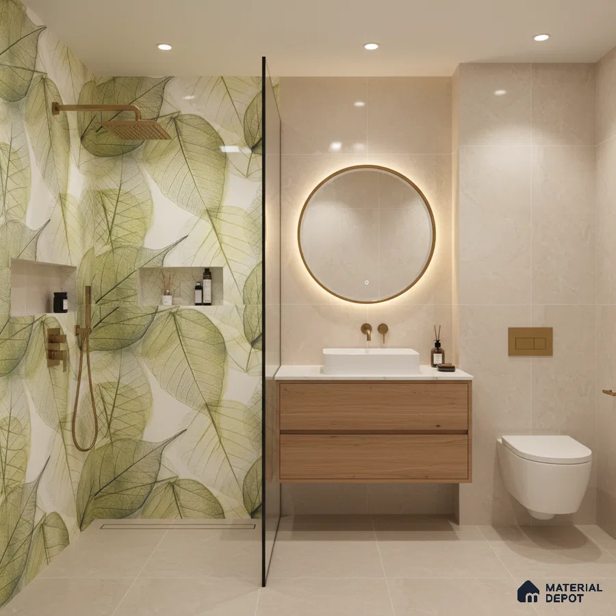 Scandinavian bathroom with leaf-patterned tropical wall tiles, beige marble-look tiles, and wood vanity