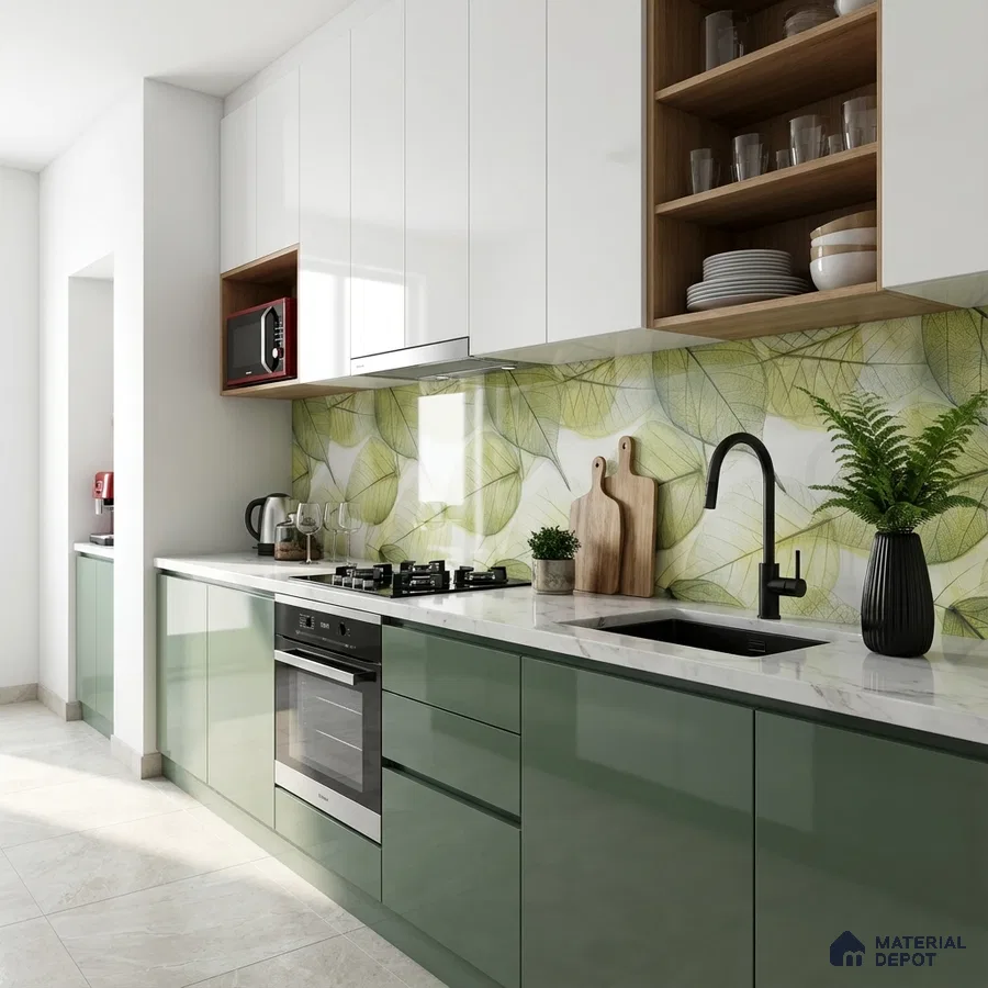 Modern kitchen with sage green high gloss laminate, white quartz countertop, and leaf pattern backsplash tile