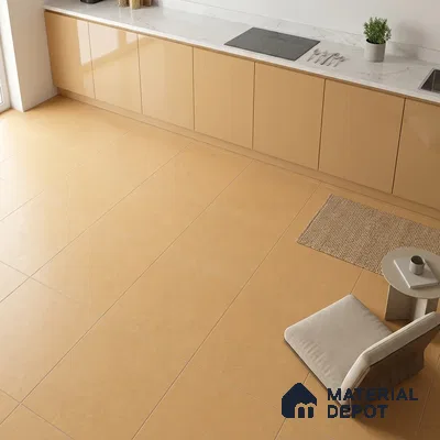 Minimalist kitchen with beige high gloss laminate cabinets and matte beige floor tiles