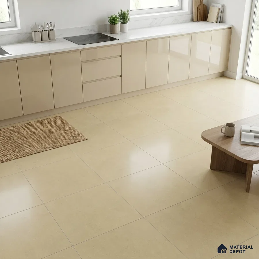 Modern kitchen with beige high gloss laminate cabinets and cream matte floor tiles