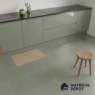 Minimalist kitchen with sage green high gloss laminate cabinets and black marble countertop