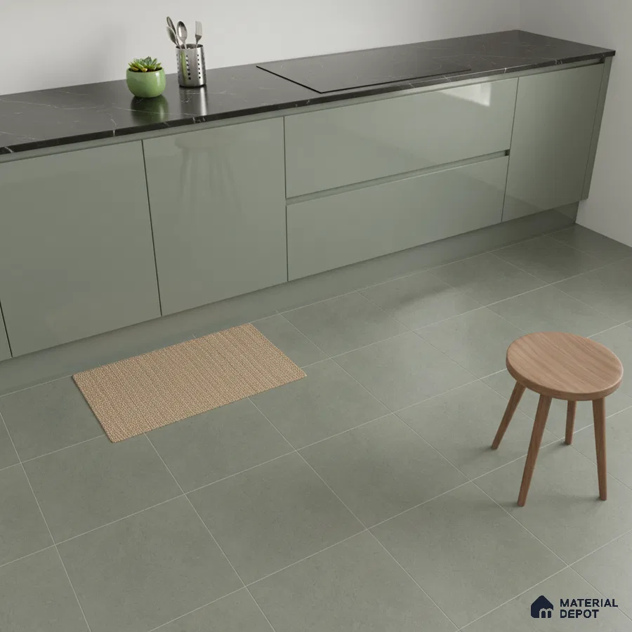 Minimalist kitchen with sage green high gloss laminate cabinets and black marble countertop