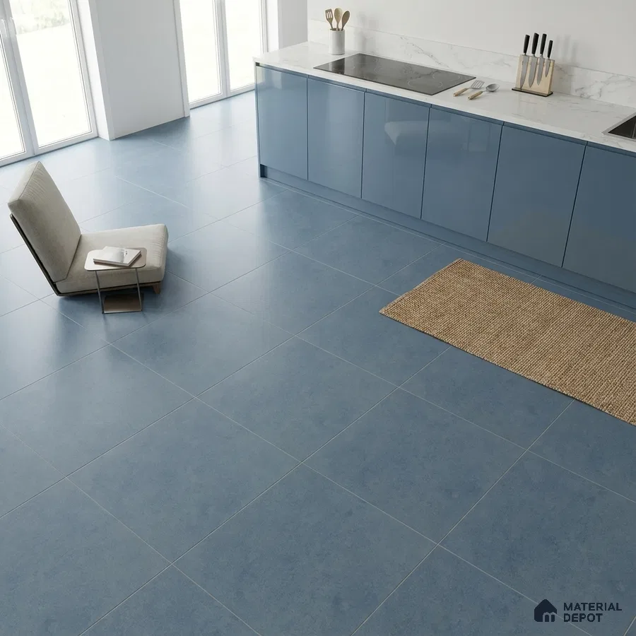 Minimalist kitchen with blue glossy laminate cabinets and blue matte floor tiles