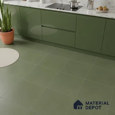 Modern kitchen with olive green high gloss laminate cabinets and marble-look countertop