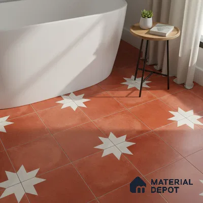 Modern bathroom with terracotta star patterned floor tiles and freestanding tub