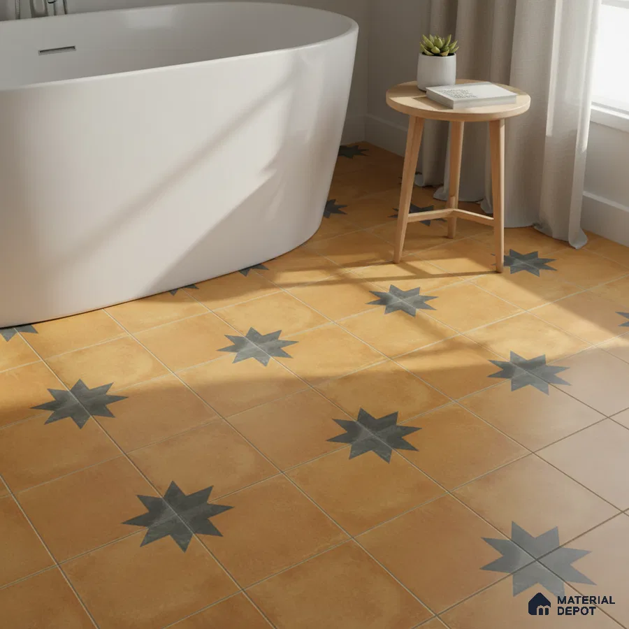 Modern bathroom with ochre geometric star patterned floor tiles and freestanding tub