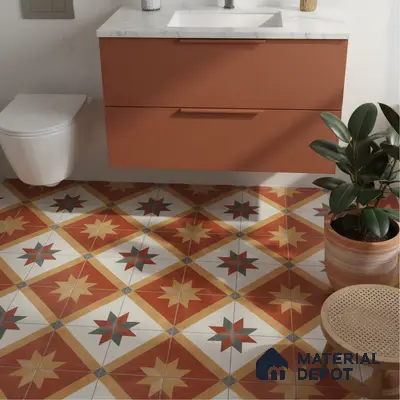Modern bathroom with terracotta laminate vanity and geometric patterned floor tiles