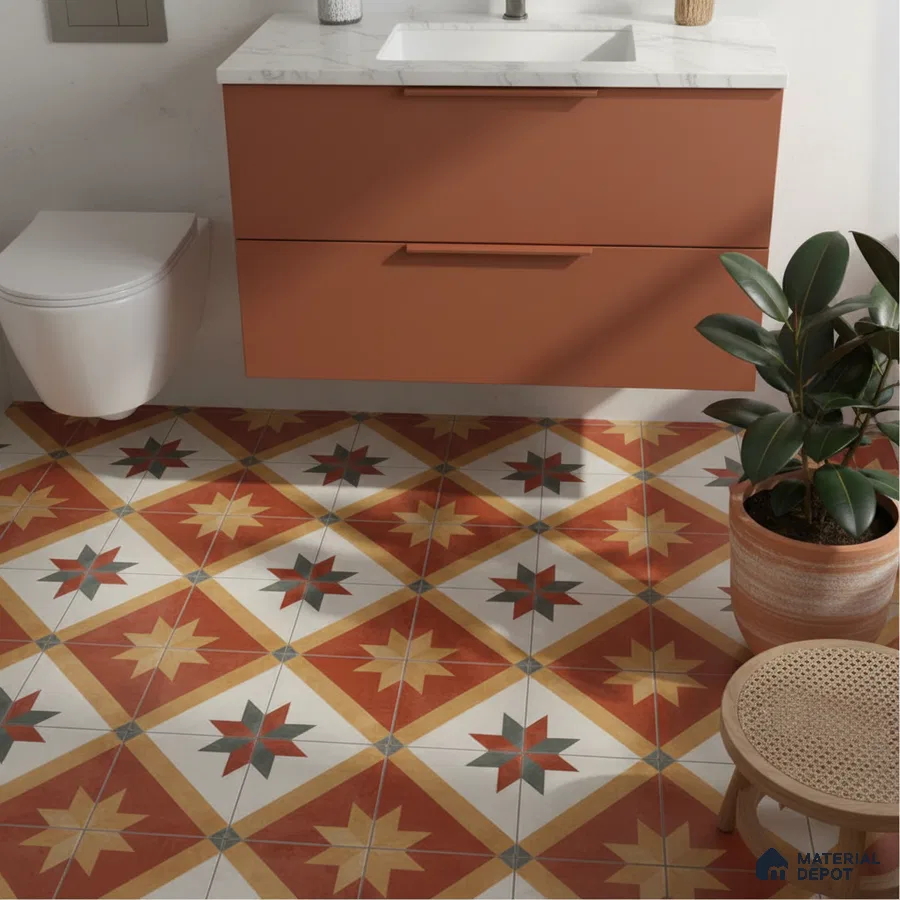 Modern bathroom with terracotta laminate vanity and geometric patterned floor tiles