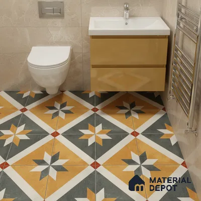 Modern bathroom with beige wall tiles, mustard floating vanity, and geometric patterned floor tiles