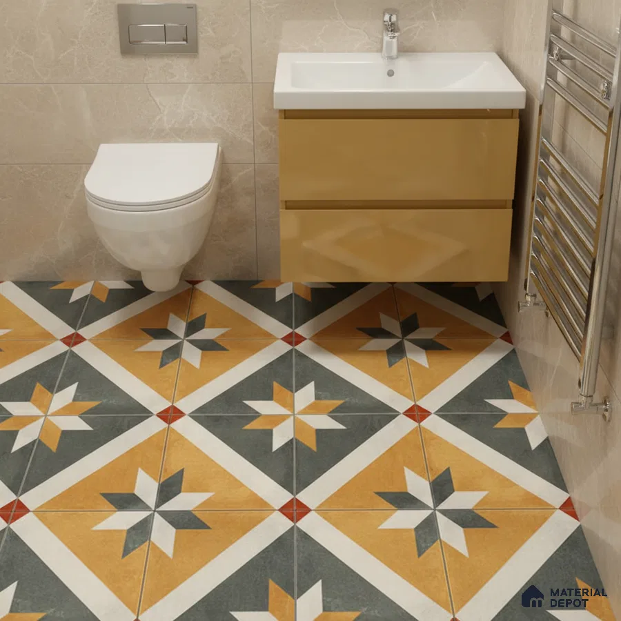 Modern bathroom with beige wall tiles, mustard floating vanity, and geometric patterned floor tiles