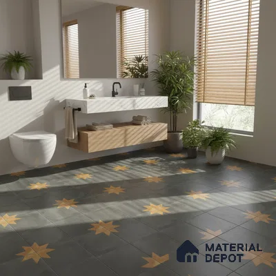 Modern bathroom with star patterned floor tiles and floating wood vanity