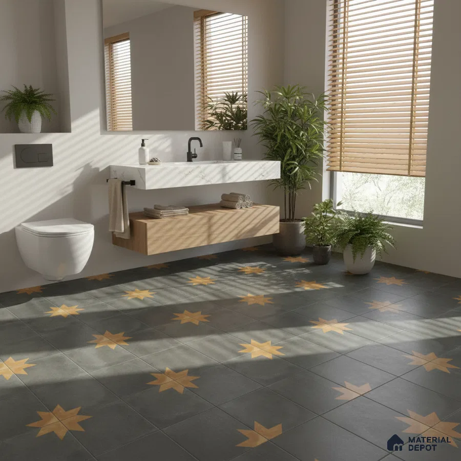 Modern bathroom with star patterned floor tiles and floating wood vanity