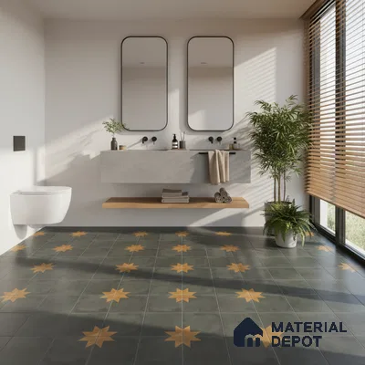 Minimalist bathroom with grey concrete vanity and star patterned black and ochre floor tiles