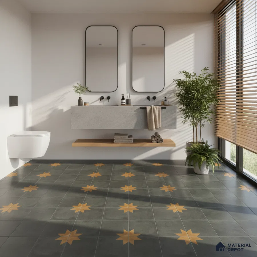Minimalist bathroom with grey concrete vanity and star patterned black and ochre floor tiles
