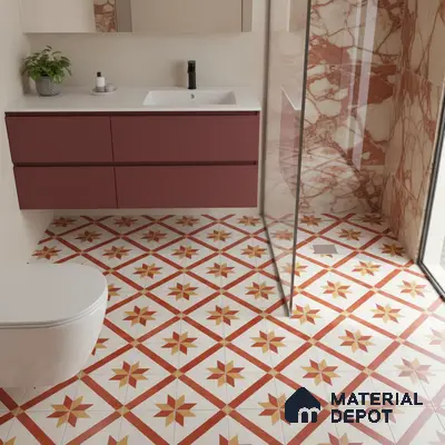 Modern bathroom with maroon vanity, red marble wall tiles, and geometric patterned floor tiles