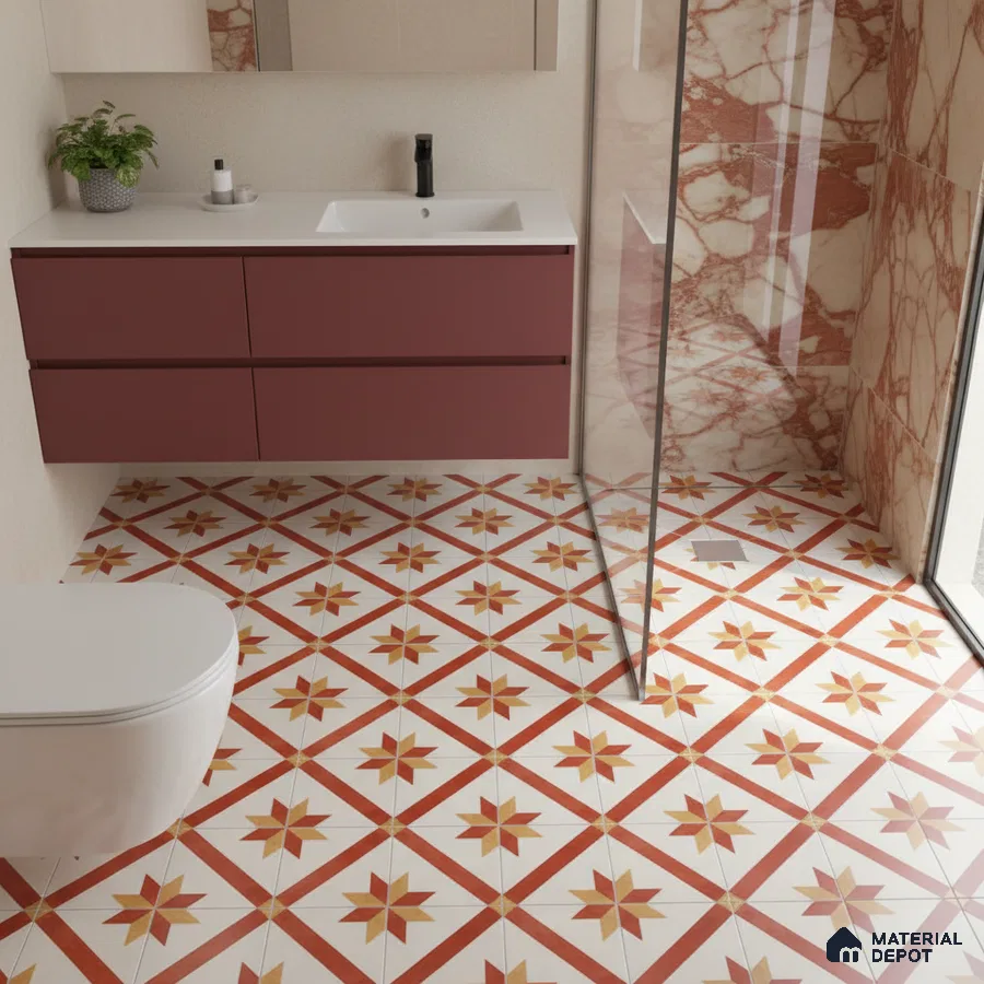 Modern bathroom with maroon vanity, red marble wall tiles, and geometric patterned floor tiles