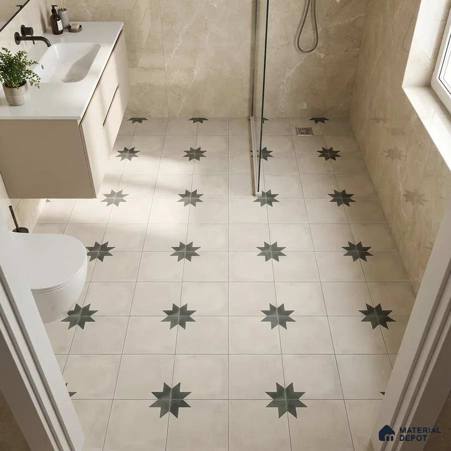Modern bathroom with beige marble wall tiles and star patterned floor tiles