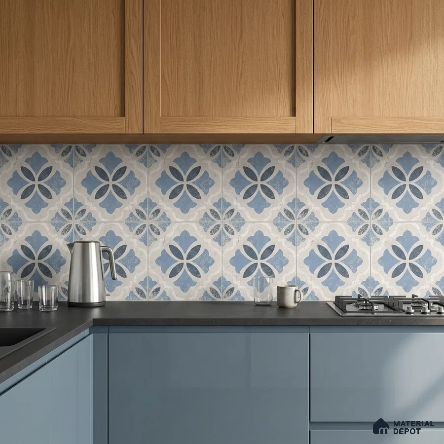 Modern kitchen with blue patterned backsplash tile, light oak laminate cabinets, and matte blue base cabinets