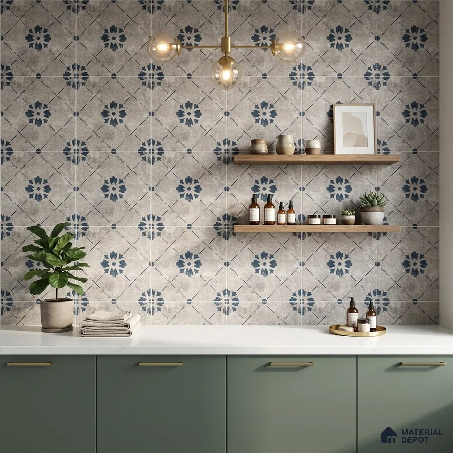 Modern kitchen with sage green laminate cabinets, white quartz countertop, and blue patterned moroccan wall tiles
