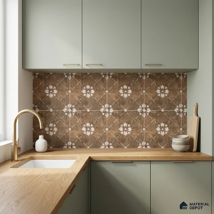 Scandinavian kitchen with sage green laminate cabinets, oak wood countertop, and brown floral patterned backsplash tile