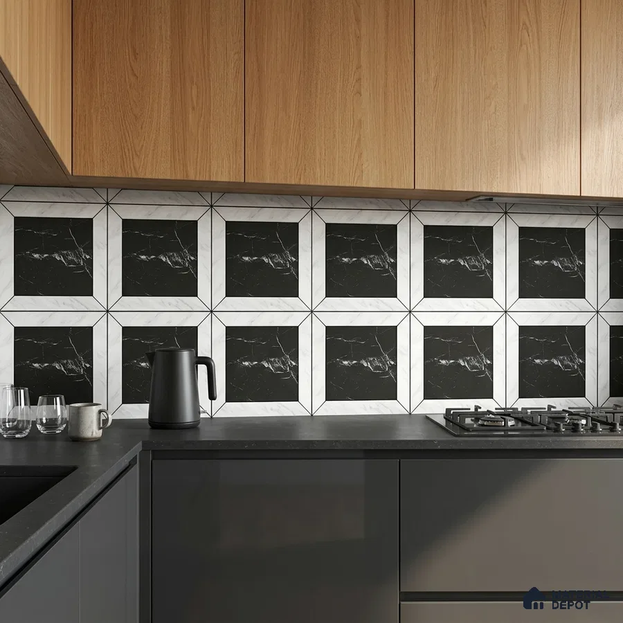 Modern kitchen with oak wood laminate cabinets, grey matte laminate base units, and black-and-white geometric marble-look backsplash tiles