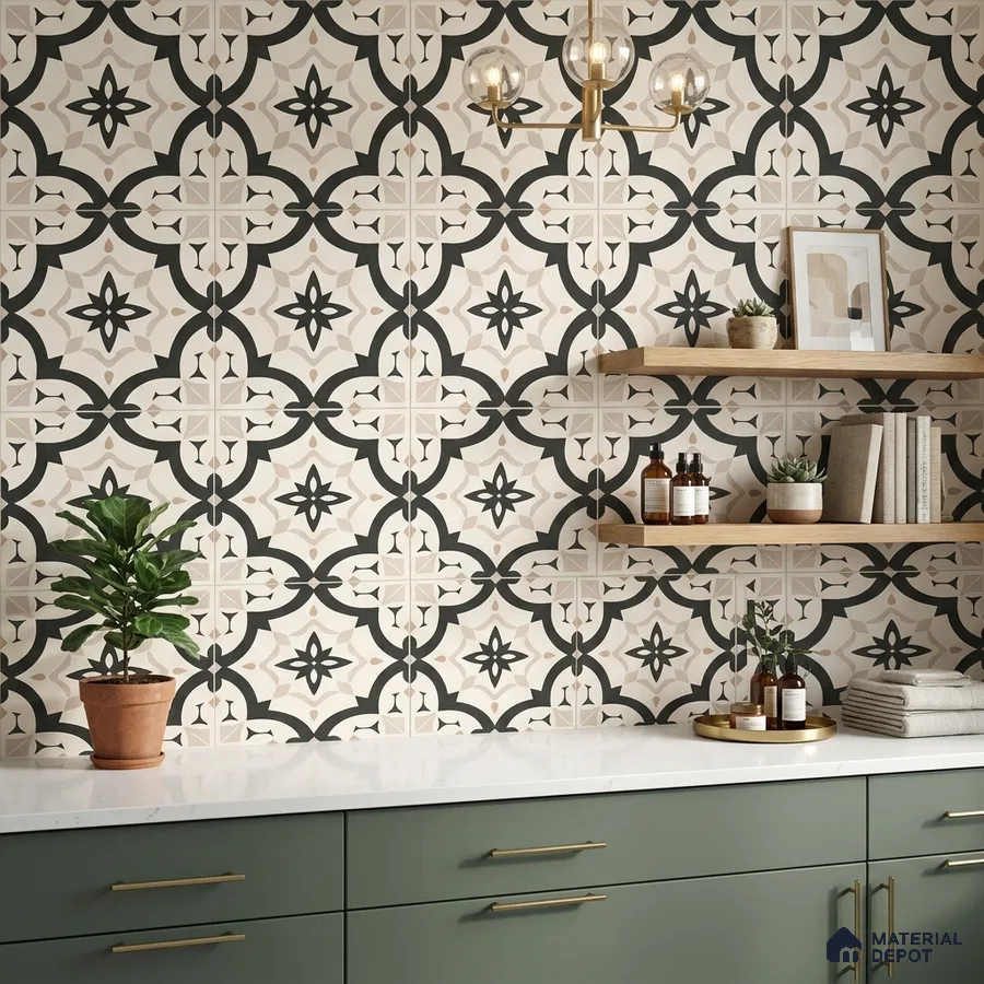 Modern kitchen with sage green laminate cabinets, white quartz countertop, and black geometric patterned wall tiles