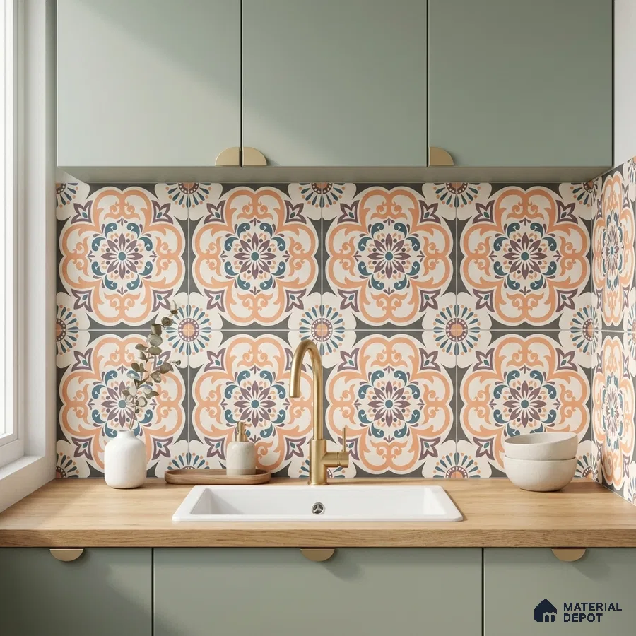 Mediterranean kitchen with sage green laminate cabinets, patterned moroccan backsplash tiles, and wood countertop