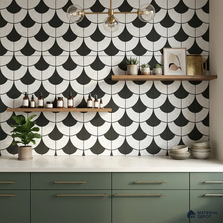 Modern kitchen with sage green laminate cabinets, white quartz countertop, and black-and-white geometric scallop wall tiles