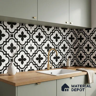 Modern kitchen with sage green laminate cabinets, black-and-white geometric backsplash tile, and wood countertop
