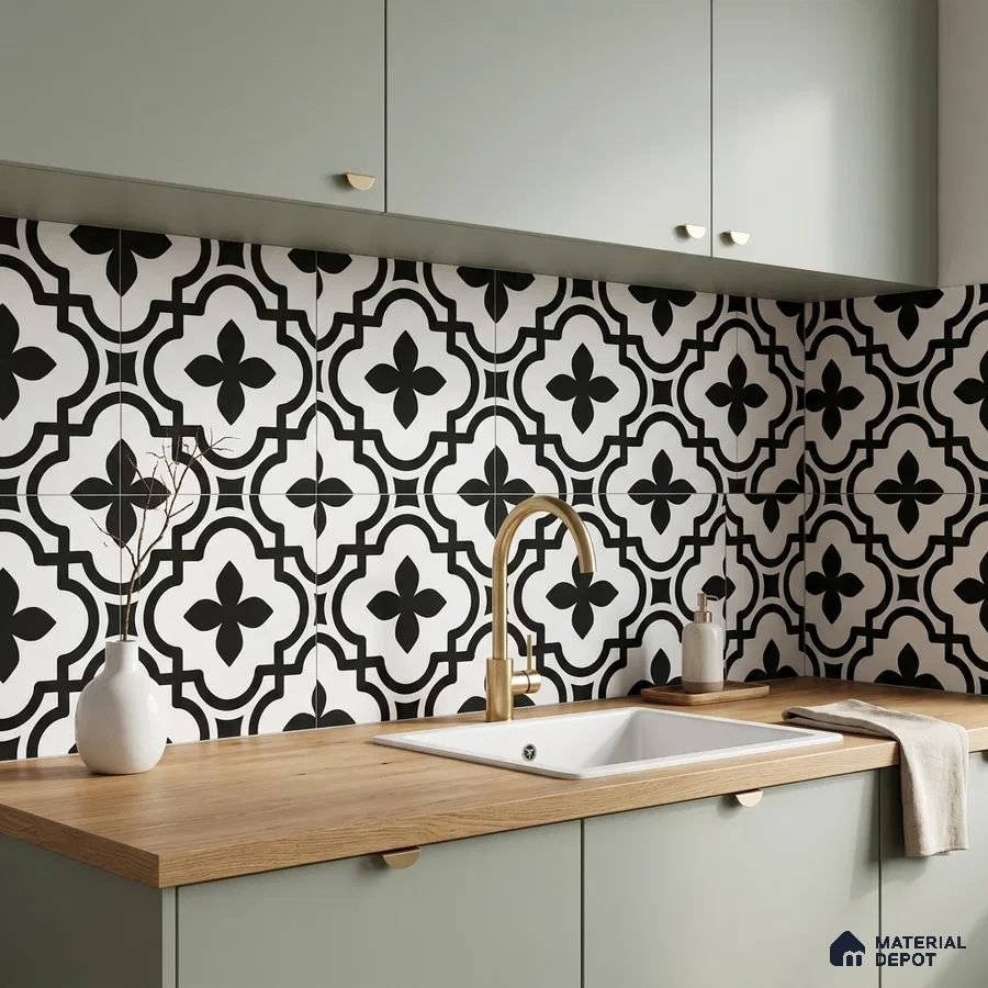 Modern kitchen with sage green laminate cabinets, black-and-white geometric backsplash tile, and wood countertop