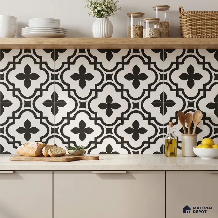 Modern kitchen with black-and-white geometric moroccan backsplash tile and beige laminate cabinets