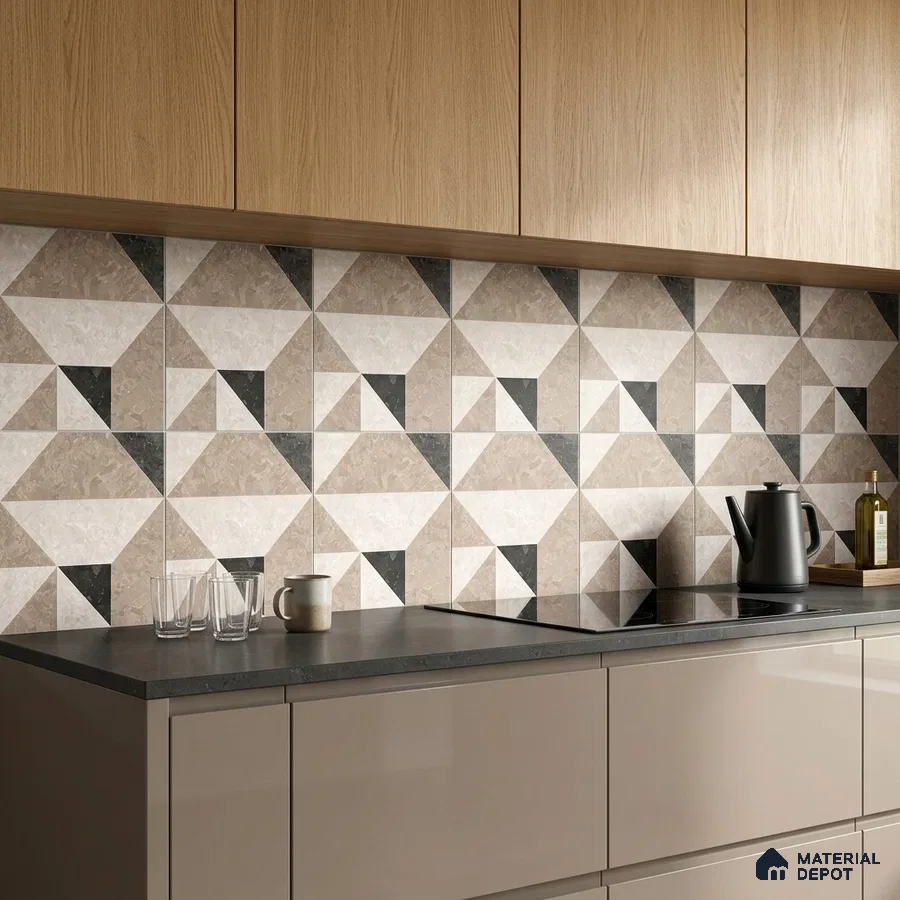 Modern kitchen with geometric patterned backsplash tile, taupe laminate cabinets, and light oak upper cabinets