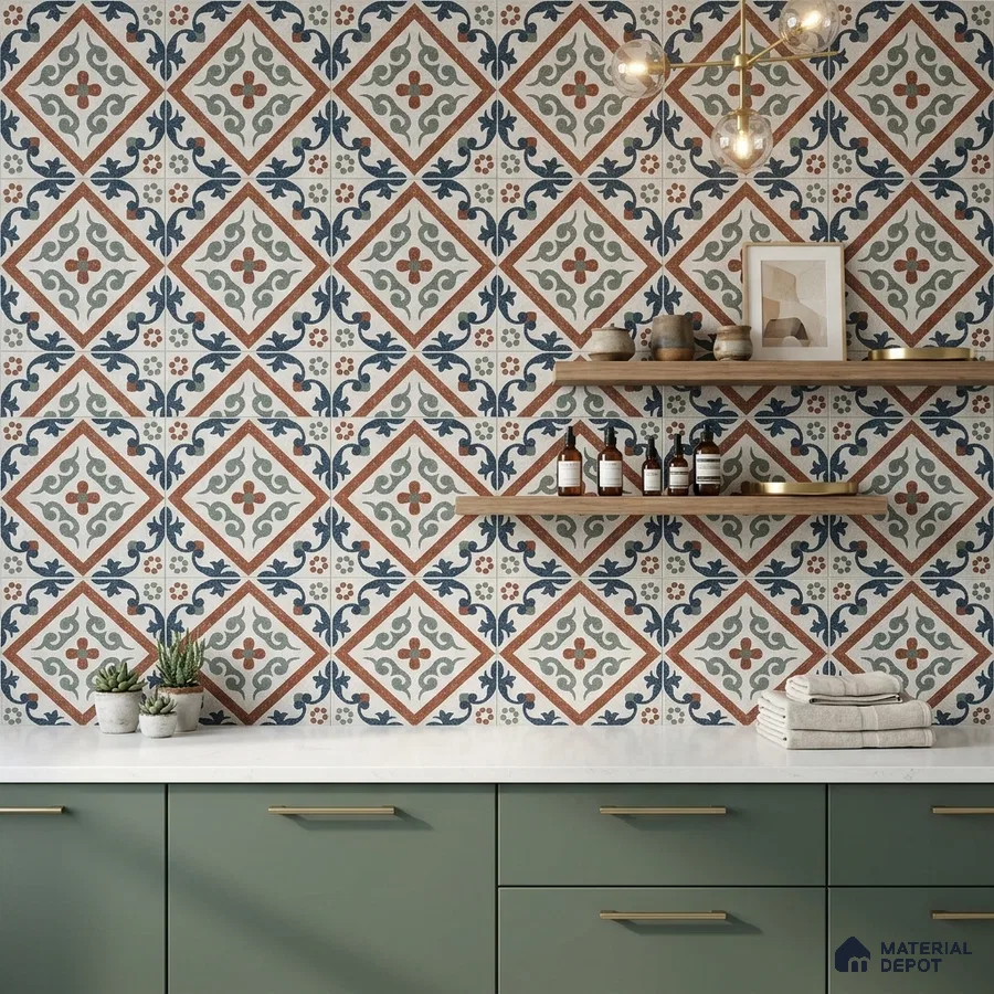 Mediterranean kitchen with patterned moroccan wall tiles, sage green laminate cabinets, and white quartz countertop
