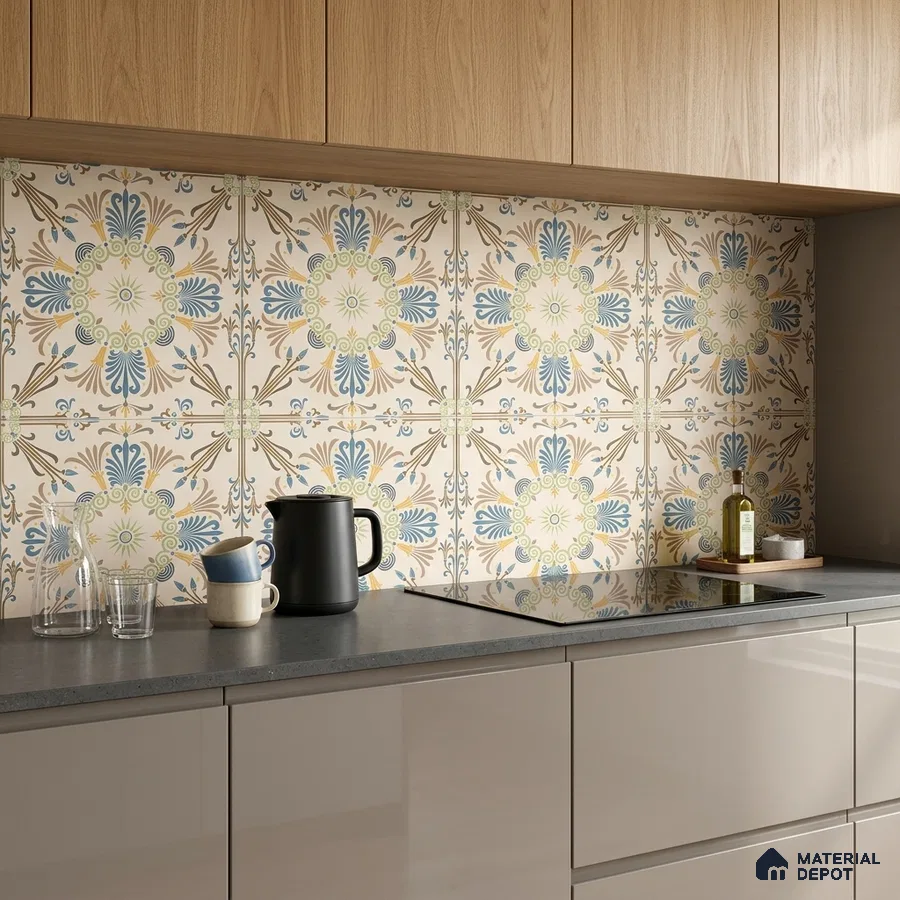 Modern kitchen with patterned moroccan backsplash tile, light oak laminate, and grey quartz countertop