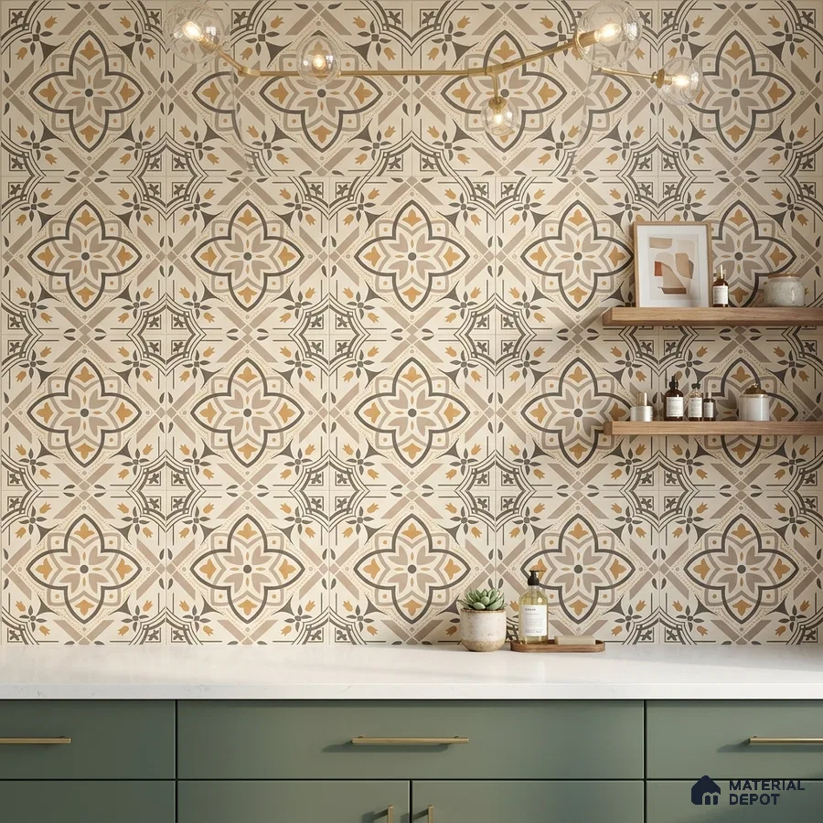 Modern kitchen with olive green laminate cabinets, white quartz countertop, and beige patterned moroccan wall tiles
