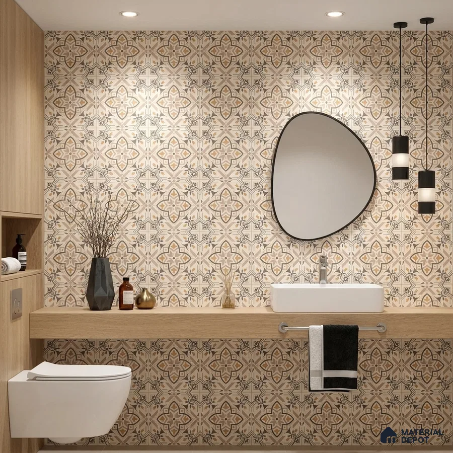 Modern bathroom with beige patterned moroccan wall tiles and light oak laminate vanity