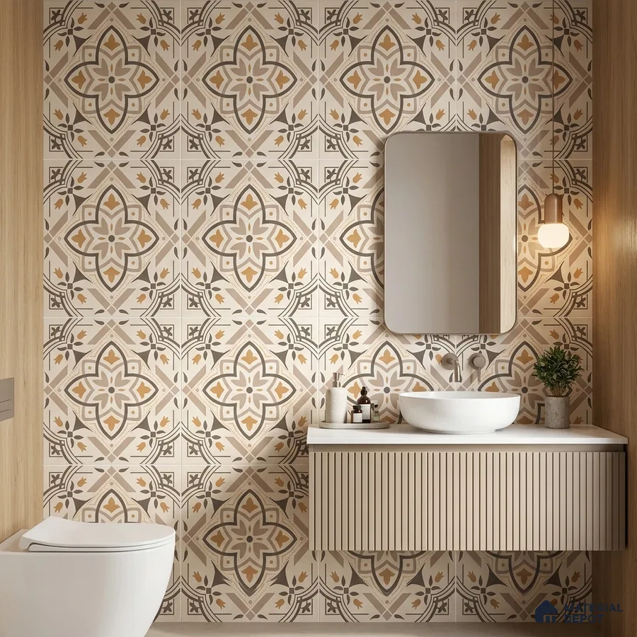 Modern bathroom with beige and taupe patterned wall tiles and fluted vanity