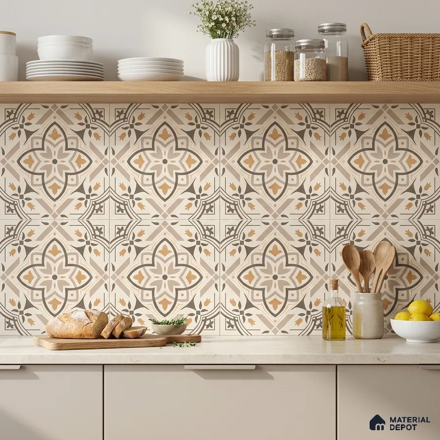 Mediterranean kitchen with beige patterned moroccan backsplash tiles and light beige quartz countertop
