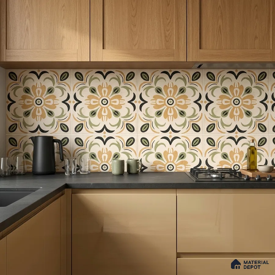 Modern kitchen with oak wood laminate, beige glossy laminate, and floral patterned backsplash tiles