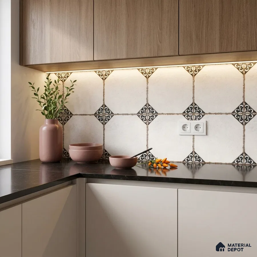 Modern kitchen with wood laminate cabinets, black countertop, and patterned moroccan backsplash tiles
