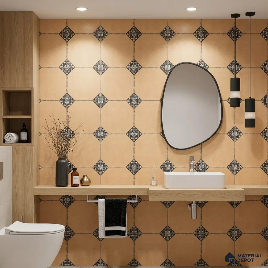 Modern bathroom with beige and black geometric wall tiles and light oak floating vanity