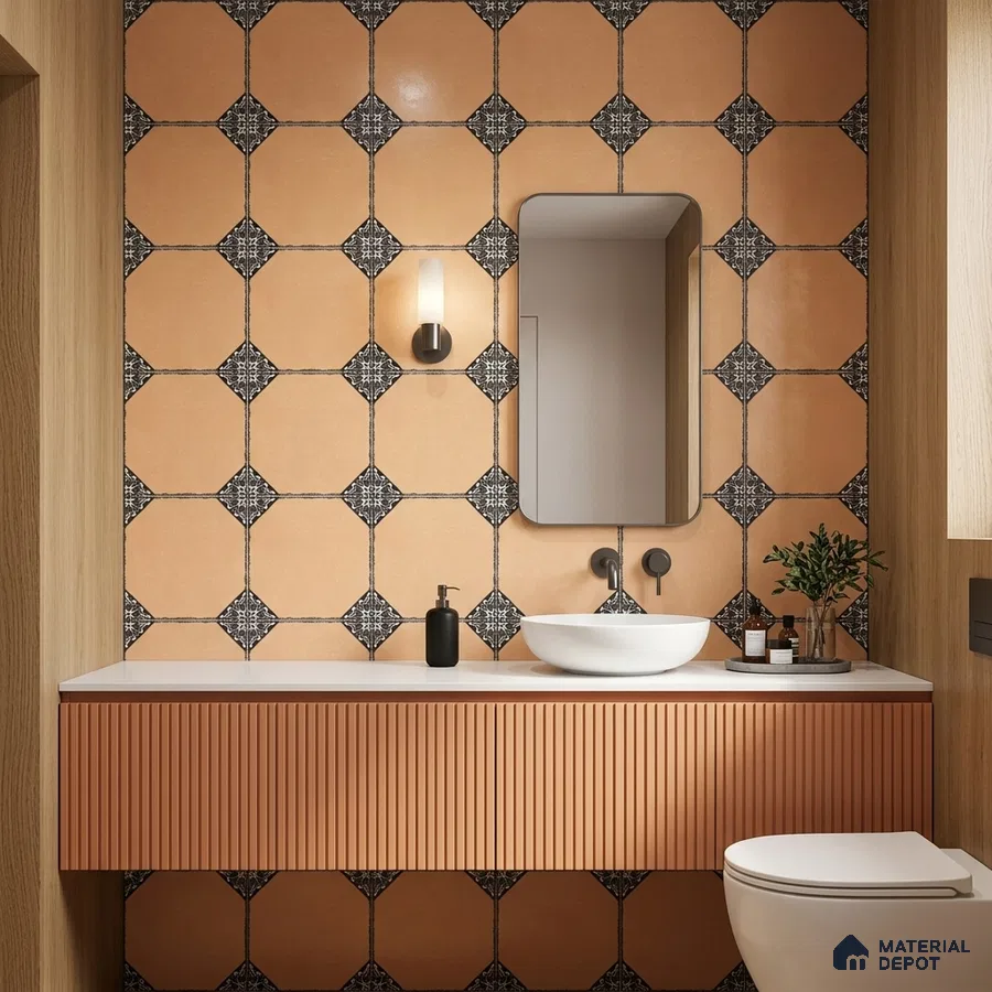 Modern bathroom with terracotta geometric wall tiles and fluted laminate vanity