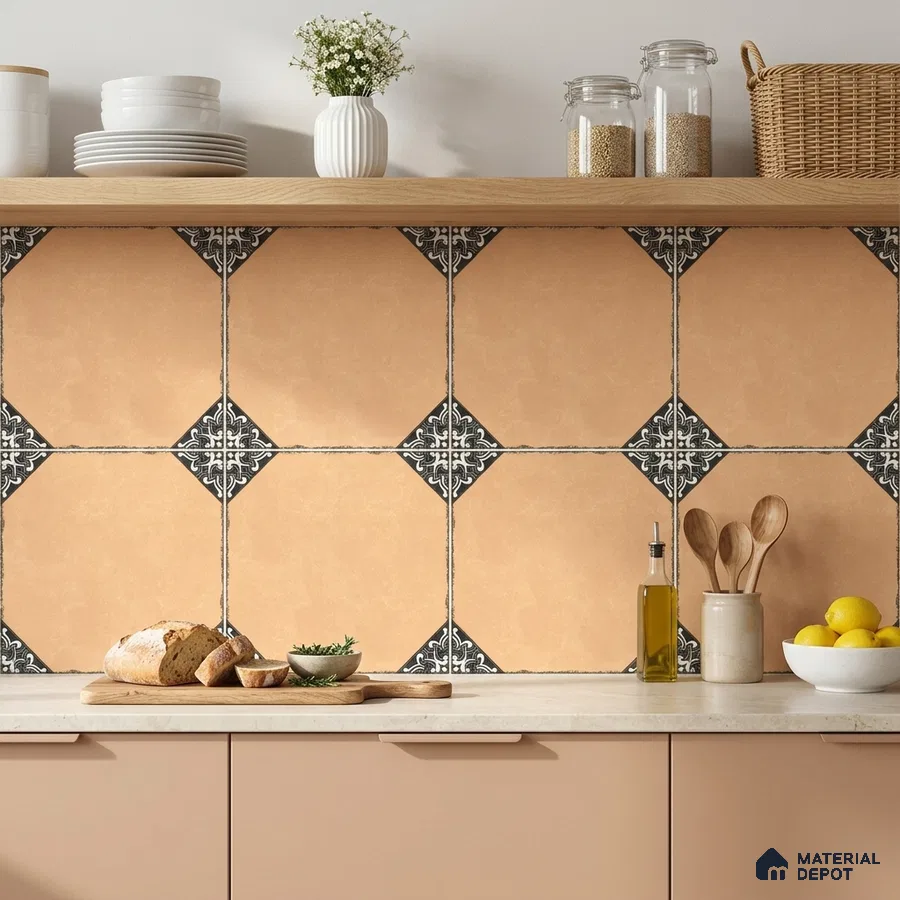 Mediterranean kitchen with terracotta patterned backsplash tile and beige laminate cabinets