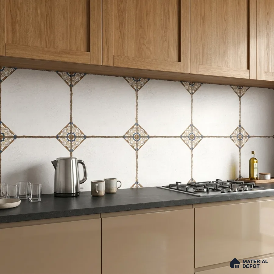 Modern kitchen with oak wood laminate cabinets, beige laminate base units, and patterned geometric backsplash tiles