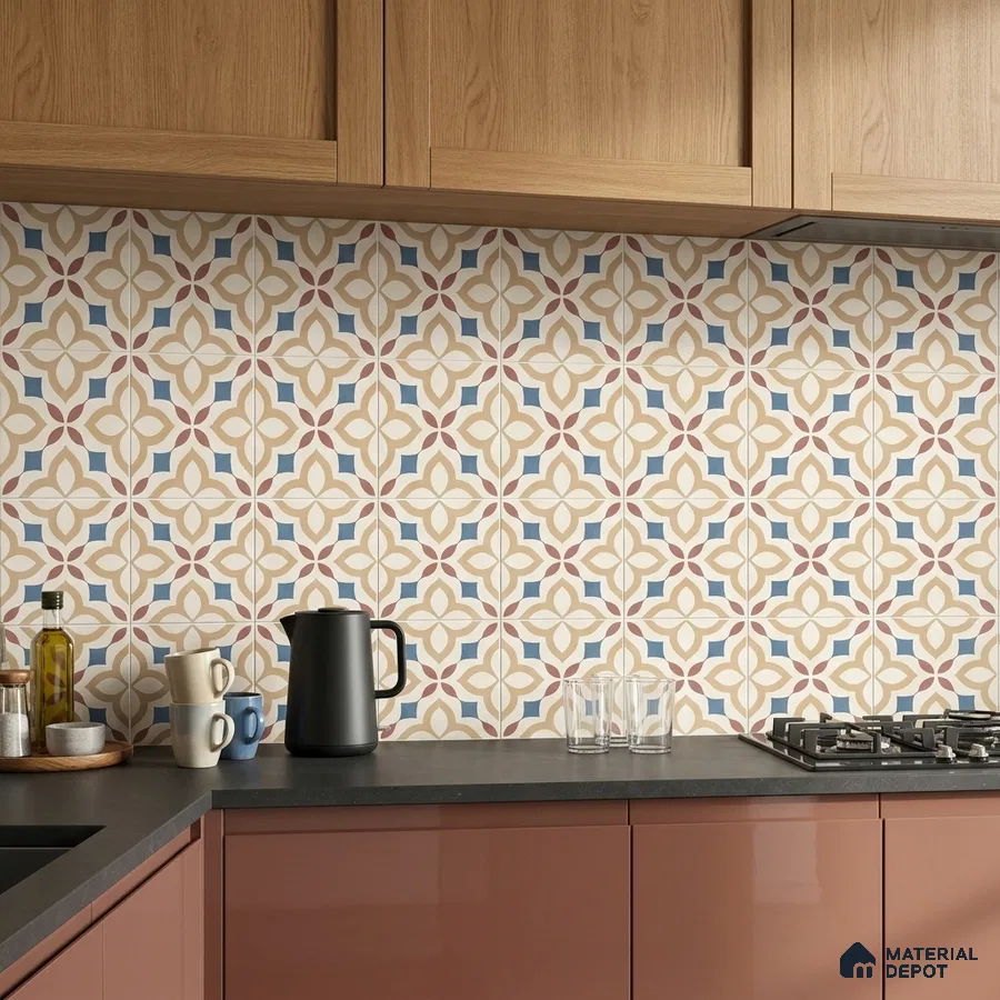 Modern kitchen with patterned moroccan backsplash tile, matte brown laminate cabinets, and oak wood overhead cabinets