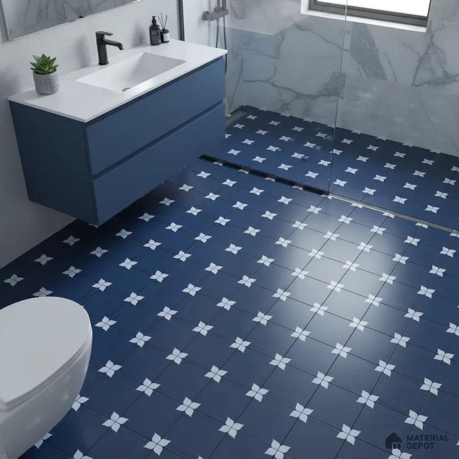 Modern bathroom with blue patterned floor tiles, blue vanity laminate, and marble wall tiles